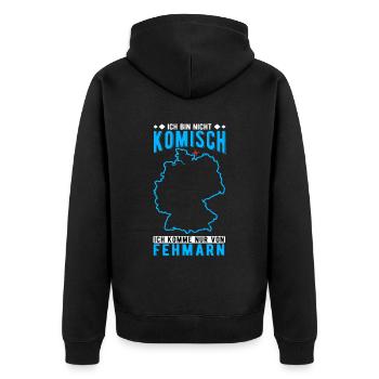 Fehmarn Souvenir - Unisex Premium Bio Zip Hoodie - Schwarz - Hinten - Nico (187cm)