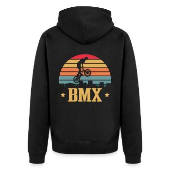 vintage Bike Outfit, Fahrrad Urban Freestyle BMX - Unisex Premium Bio Zip Hoodie - Schwarz - Hinten - Nico (187cm)