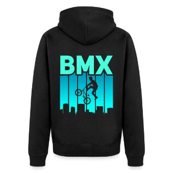vintage Bike Outfit, Fahrrad Urban Freestyle BMX - Unisex Premium Bio Zip Hoodie - Schwarz - Hinten - Nico (187cm)