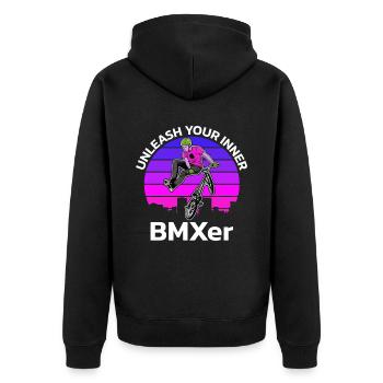 vintage Bike Outfit, Fahrrad Urban Freestyle BMX - Unisex Premium Bio Zip Hoodie - Schwarz - Hinten - Nico (187cm)