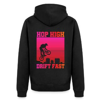 vintage Bike Outfit, Fahrrad Urban Freestyle BMX - Unisex Premium Bio Zip Hoodie - Schwarz - Hinten - Nico (187cm)