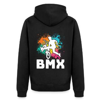 vintage Bike Outfit, Fahrrad Urban Freestyle BMX - Unisex Premium Bio Zip Hoodie - Schwarz - Hinten - Nico (187cm)