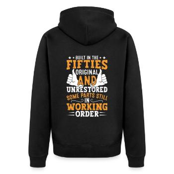 Built In Fifties 50's Birthday - Unisex Premium Organic Zip Hoodie - black - Back - Nico (187cm)