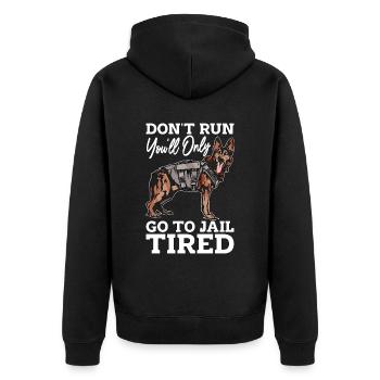 Animal Trainer Don't Run You'll Only Go Trainers - Unisex Premium Bio Zip Hoodie - Schwarz - Hinten - Nico (187cm)