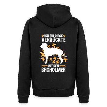 Verrückte mit dem Broholmer Dänische Dogge - Unisex Premium Bio Zip Hoodie - Schwarz - Hinten - Nico (187cm)