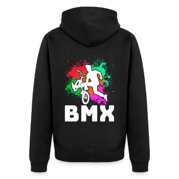 vintage Bike Outfit, Fahrrad Urban Freestyle BMX - Unisex Premium Bio Zip Hoodie - Schwarz - Hinten - Nico (187cm)