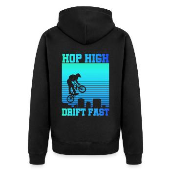 vintage Bike Outfit, Fahrrad Urban Freestyle BMX - Unisex Premium Bio Zip Hoodie - Schwarz - Hinten - Nico (187cm)