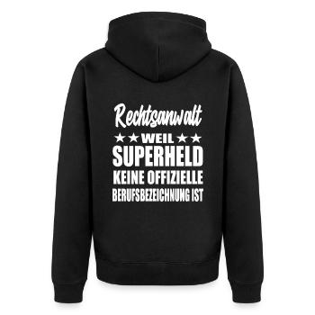 Rechtsanwalt Superheld Spruch - Unisex Premium Bio Zip Hoodie - Schwarz - Hinten - Nico (187cm)