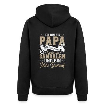 Ich bin der Papa mit Socken in Sandalen - Unisex Premium Bio Zip Hoodie - Schwarz - Hinten - Nico (187cm)