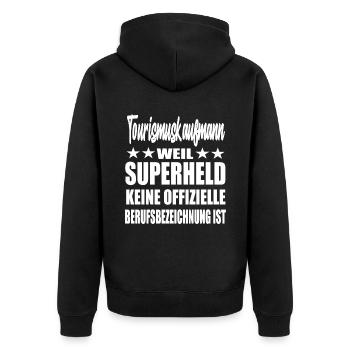 Tourismuskaufmann Superheld Spruch - Unisex Premium Bio Zip Hoodie - Schwarz - Hinten - Nico (187cm)