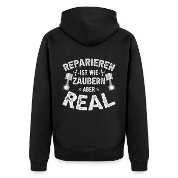 Reparieren ist wie zaubern aber real - Unisex Premium Bio Zip Hoodie - Schwarz - Hinten - Nico (187cm)