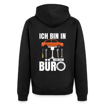 Ich bin in meinem Büro - Unisex Premium Bio Zip Hoodie - Schwarz - Hinten - Nico (187cm)
