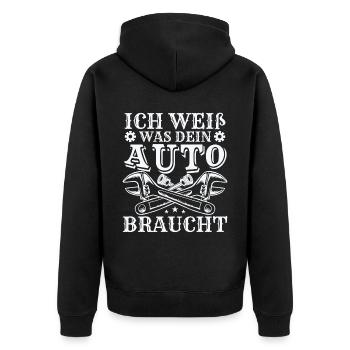 Ich weiß was dein Auto braucht - Unisex Premium Bio Zip Hoodie - Schwarz - Hinten - Nico (187cm)