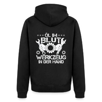 Öl Im Blut Werkzeug In der Hand - Unisex Premium Bio Zip Hoodie - Schwarz - Hinten - Nico (187cm)