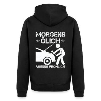 Morgens Ölich Abends Fröhlich | KFZ Mechaniker - Unisex Premium Bio Zip Hoodie - Schwarz - Hinten - Nico (187cm)