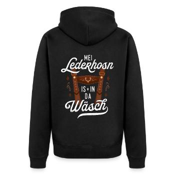 Mei Lederhose T-Shirt Herren Trachtenshirt Tracht - Unisex Premium Bio Zip Hoodie - Schwarz - Hinten - Nico (187cm)
