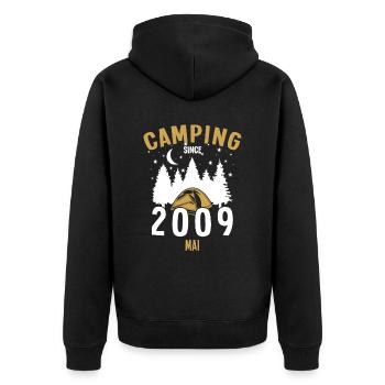 Geburtstag: Camping seit Mai 2009 Zelten - Unisex Premium Bio Zip Hoodie - Schwarz - Hinten - Nico (187cm)