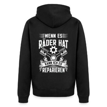 KFZ Mechaniker Auto Öl Zylinder - Unisex Premium Bio Zip Hoodie - Schwarz - Hinten - Nico (187cm)