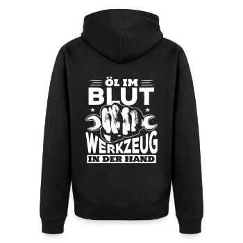 Öl Im Blut Werkzeug In Der Hand - Unisex Premium Bio Zip Hoodie - Schwarz - Hinten - Nico (187cm)