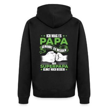 Papa Superpapa Sprüche - Unisex Premium Bio Zip Hoodie - Schwarz - Hinten - Nico (187cm)