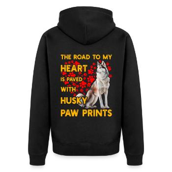 The Road to my heart is paved with Husky Paw Print - Unisex Premium Bio Zip Hoodie - Schwarz - Hinten - Nico (187cm)
