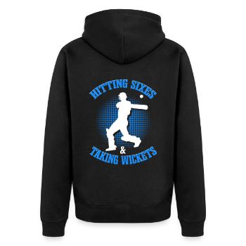 Hitting Sixes & Taking Wickets | Cricket - Unisex Premium Organic Zip Hoodie - black - Back - Nico (187cm)