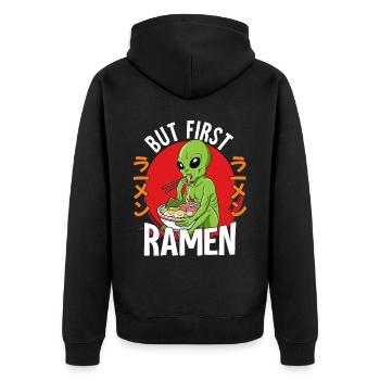 But First Ramen - Unisex Premium Bio Zip Hoodie - Schwarz - Hinten - Nico (187cm)