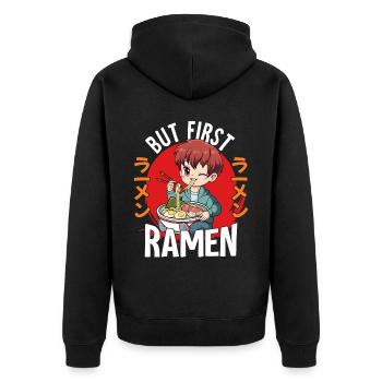 But First Ramen - Unisex Premium Bio Zip Hoodie - Schwarz - Hinten - Nico (187cm)