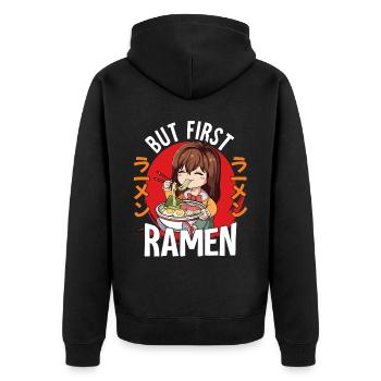 But First Ramen - Unisex Premium Bio Zip Hoodie - Schwarz - Hinten - Nico (187cm)
