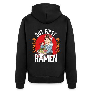 But First Ramen - Unisex Premium Bio Zip Hoodie - Schwarz - Hinten - Nico (187cm)