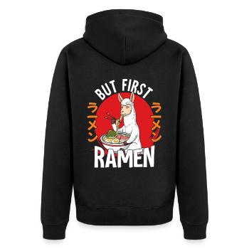 But First Ramen - Unisex Premium Bio Zip Hoodie - Schwarz - Hinten - Nico (187cm)