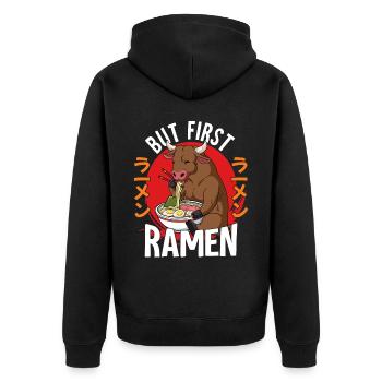 But First Ramen - Unisex Premium Bio Zip Hoodie - Schwarz - Hinten - Nico (187cm)