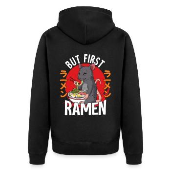 But First Ramen - Unisex Premium Bio Zip Hoodie - Schwarz - Hinten - Nico (187cm)
