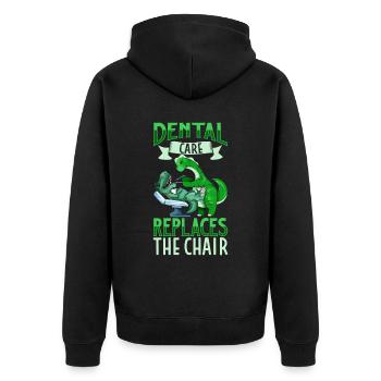 Zahnpflege ist wichtig - Dino Zahnarzt - Unisex Premium Bio Zip Hoodie - Schwarz - Hinten - Nico (187cm)