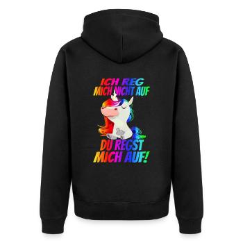 Ich reg mich nicht auf sondern Du! Regenbogen - Unisex Premium Bio Zip Hoodie - Schwarz - Hinten - Nico (187cm)