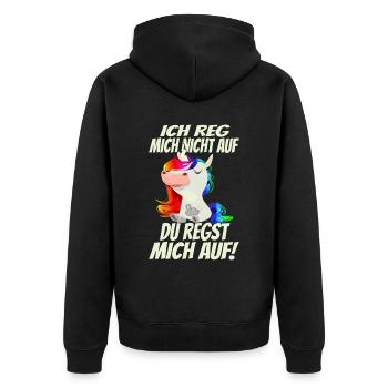Ich reg mich nicht auf sondern Du! Regenbogen - Unisex Premium Bio Zip Hoodie - Schwarz - Hinten - Nico (187cm)