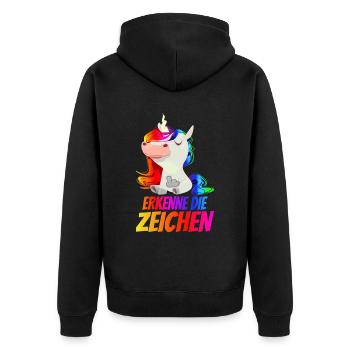 Erkenne die Zeichen - Mittelfinger Einhorn - Unisex Premium Bio Zip Hoodie - Schwarz - Hinten - Nico (187cm)