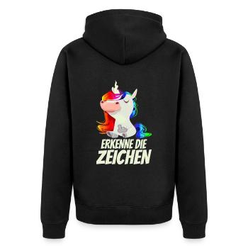 Erkenne die Zeichen - Mittelfinger Einhorn - Unisex Premium Bio Zip Hoodie - Schwarz - Hinten - Nico (187cm)