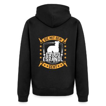 Die mit dem Galgo Espanol Spanischer Windhund - Unisex Premium Bio Zip Hoodie - Schwarz - Hinten - Nico (187cm)