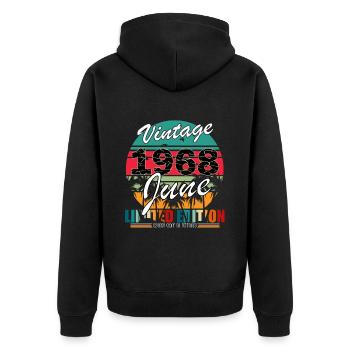 1968 Juni Limitierte Edition - Unisex Premium Bio Zip Hoodie - Schwarz - Hinten - Nico (187cm)