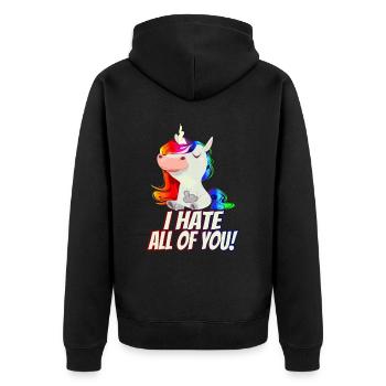 Ich Hasse Euch Alle! - Mittelfinger Regenbogen - Unisex Premium Bio Zip Hoodie - Schwarz - Hinten - Nico (187cm)