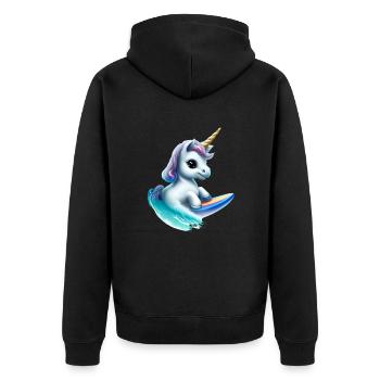 Einhorn auf Surfbrett - Unisex Premium Bio Zip Hoodie - Schwarz - Hinten - Nico (187cm)