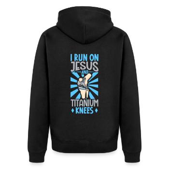 Ich lauf mit Jesus und meinen Titan Knie - Unisex Premium Bio Zip Hoodie - Schwarz - Hinten - Nico (187cm)