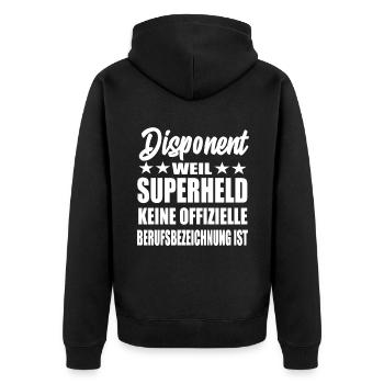 Disponent Superheld Spruch - Unisex Premium Bio Zip Hoodie - Schwarz - Hinten - Nico (187cm)
