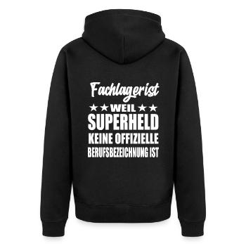 Fachlagerist Superheld Spruch - Unisex Premium Bio Zip Hoodie - Schwarz - Hinten - Nico (187cm)