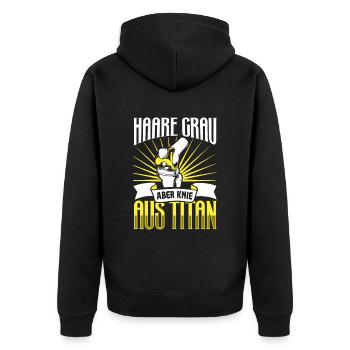 Haare grau aber Knie aus Titan - Unisex Premium Bio Zip Hoodie - Schwarz - Hinten - Nico (187cm)