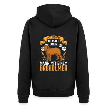 Mann mit Broholmer Dänische Dogge - Unisex Premium Bio Zip Hoodie - Schwarz - Hinten - Nico (187cm)