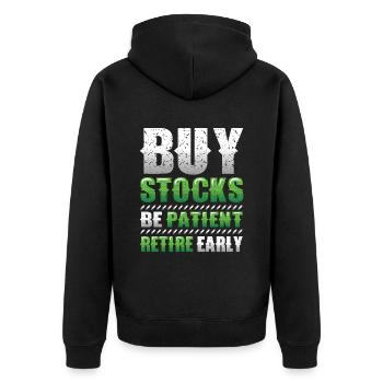 Buy stocks, be patient, retire early - Unisex Premium Organic Zip Hoodie - black - Back - Nico (187cm)