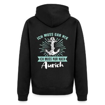 Auricher Sprüche Aurich - Unisex Premium Bio Zip Hoodie - Schwarz - Hinten - Nico (187cm)