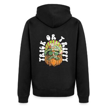 Trick Or Trippy Hippie Psychedelika Cannabis Gras - Unisex Premium Bio Zip Hoodie - Schwarz - Hinten - Nico (187cm)